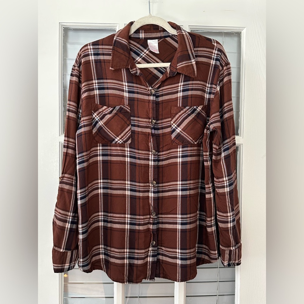 No Boundaries Women’s Junior L (11-13) Plaid Chocolate Brown Shirt | SKU 0980